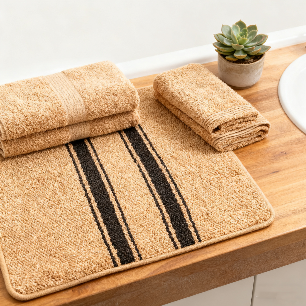 Organic Resort Stripe Tub Mat (Camel with Soft Black)